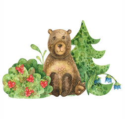 Watercolor illustration of a cute bear near a green Christmas tree and bush with raspberries and flowers.