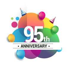95th years anniversary logo, vector design birthday celebration with colorful geometric, Circles and balloons isolated on white background.