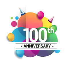 100th years anniversary logo, vector design birthday celebration with colorful geometric, Circles and balloons isolated on white background.