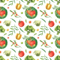 Watercolor seamless pattern of healthy food. Illustration of vegetables (tomato, broccoli, pepper) and ceramic dishes