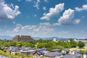 地方の緑豊かな住宅街と夏の空と入道雲