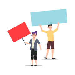 Cartoon character illustration of young couple holding blank placard flat. Standing male and female protesters or activists. Political meeting and protest vector concept isolated.