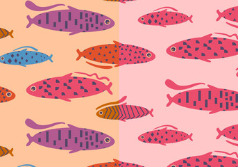 Two seamless patterns in different color-grades with simple fishes decorated in geometric design
