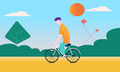 Flat Illustration Man Riding with Cycle 