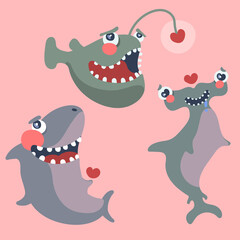 Cute characters, different ocean inhabitants: shark, great hammerhead, angler fish