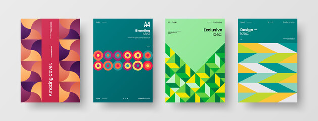 Fototapeta premium Company identity brochure template collection. Business presentation vector A4 vertical orientation front page mock up set. Corporate report cover abstract geometric illustration design layout bundle.