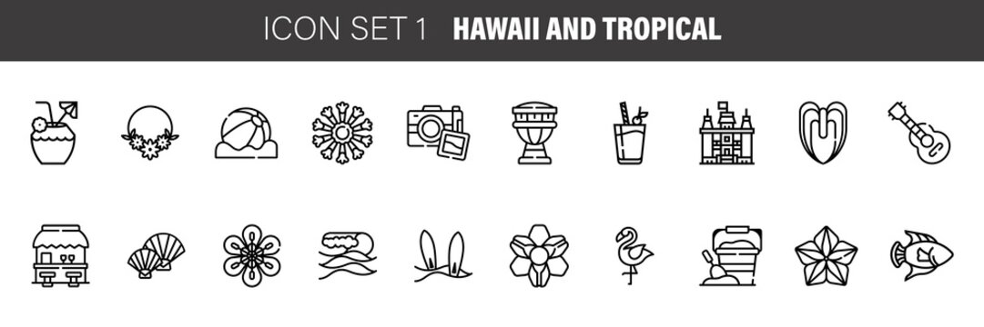Vector set of Hawaiian and tropical icons and symbols. Instagram Highlight Stories . Outline set icons for web design isolated on white background