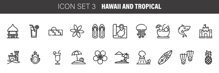 Vector set of Hawaiian and tropical icons and symbols. Instagram Highlight Stories . Outline set icons for web design isolated on white background