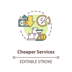 Cheaper services concept icon. Marketing strategy. Trading solution. Commerce, money. Reduces price for product idea thin line illustration. Vector isolated outline RGB color drawing. Editable stroke