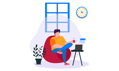 Man Working From Home with Coffee Concept Illustration