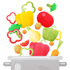 Steel cooking pot with fresh organic vegetables isolated on white background.