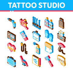 Tattoo Studio Tool Icons Set Vector. Isometric Tattoo Studio Machine And Razor Equipment, Chair And Case, Cream And Ink Bottles Illustrations