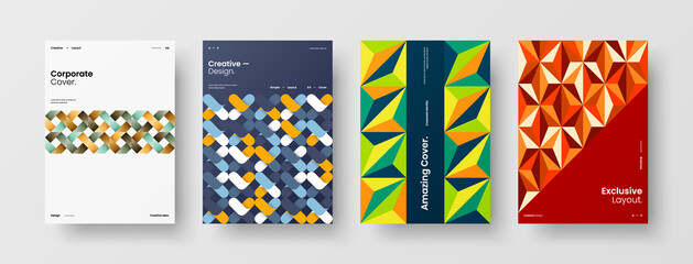 Fototapeta premium Company identity brochure template collection. Business presentation vector A4 vertical orientation front page mock up set. Corporate report cover abstract geometric illustration design layout bundle.