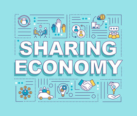 Sharing economy word concepts banner. Innovative business model, P2P services exchange infographics with linear icons on blue background. Isolated typography. Vector outline RGB color illustration