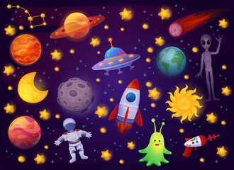 Cartoon cosmos illustration set, design elements for any purposes. Kid abstract spaceship, planets, stars aliens and UFO. Vector print or banner for Halloween. Science concept. Space exploration.