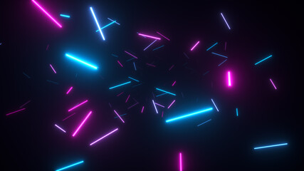 Infinite flight in space among fluorescent neon lamps. Modern blue purple spectrum. 3d illustration