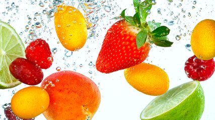 Freeze Motion Shot of Fresh Fruits Falling Into Water Isolated on White Background.