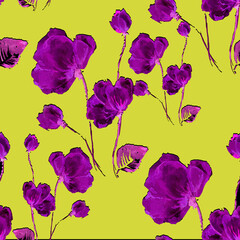 purple flowers on a yellow background. watercolor. seamless pattern. Suitable for fabric, paper products, background, decoration.