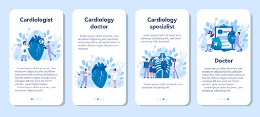 Cardiology mobile application banner set. Doctor deal with