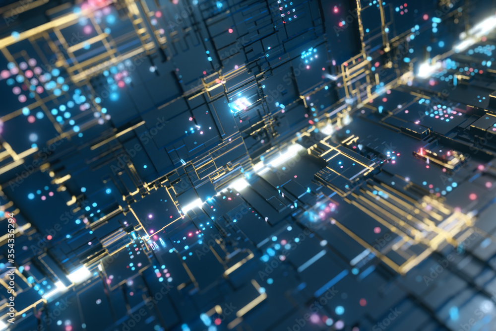 Fototapete Abstract big data transfer. Binary processing is handled by the computer motherboard. Futuristic processing of server code. Blue technology background with bokeh. 3d illustration
