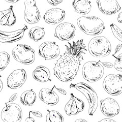 Hand drawn seamless pattern. Ink sketch fruits.