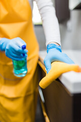 Woman doing chores in bathroom at home with disinfection liquid spray bottle and cloth.