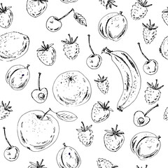 Hand drawn fruit seamless pattern. Ink sketch apple, orange, plum, apricot, kiwi, banana, cherry, raspberry, strawberry.