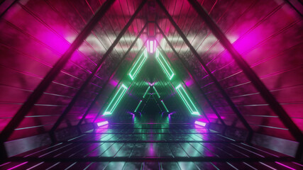 Abstract endless flight in a futuristic geometric metal corridor made of triangles. Modern red neon lighting. 3d illustration