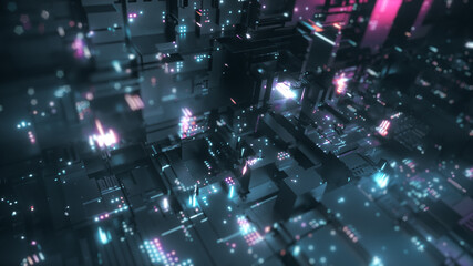Obraz na płótnie Canvas Abstract big data transfer. Binary processing is handled by the computer motherboard. Futuristic processing of server code. Blue technology background with bokeh. 3d illustration