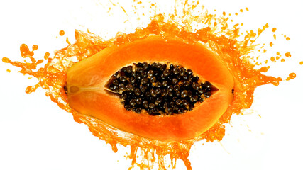 Freeze motion of sliced papaya with splashing juice isolated on white background