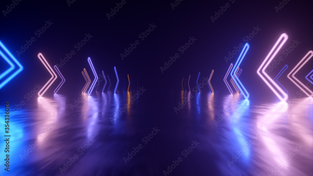 Poster fast flight in space with the direction of movement of the neon arrows. abstract laser background. 3