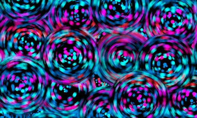 Abstract background. Dark background consists of many rings. Multi-colored dots form a geometric background. Defocusing. Texture of abstract rings. Geometric pattern. Blue. Violet.