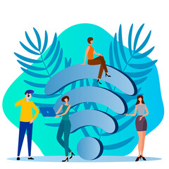 People and wi-fi.People on the background of the wi-fi icon go online.Flat vector illustration.