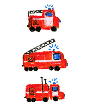 Illustration of wax crayons three firemen funny cars