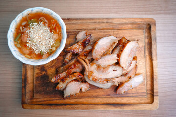 traditional Thai culture fried pork neck grilled intestines Chitterlings cuisine air fryer or moo tod yang box set famous street 
fast foods menu at thailand hot spicy sauces on wood sticky rice