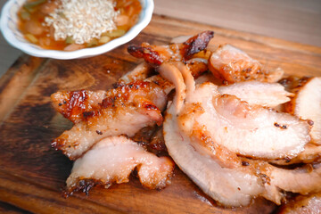 traditional Thai culture fried pork neck grilled intestines Chitterlings cuisine air fryer or moo tod yang box set famous street 
fast foods menu at thailand hot spicy sauces on wood sticky rice