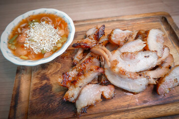 traditional Thai culture fried pork neck grilled intestines Chitterlings cuisine air fryer or moo tod yang box set famous street 
fast foods menu at thailand hot spicy sauces on wood sticky rice