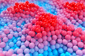 Dynamic bright balls on a moving wave surface. 3d illustration
