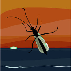 Insect in a window with a seascape in the background