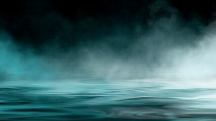 Naklejka na ściany i meble Dramatic dark background. Reflection of light on the water. Smoke fog. 3d illustration