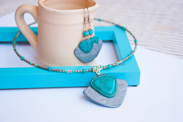 Boho style jewelry set. Silver turquoise necklace and earrings.