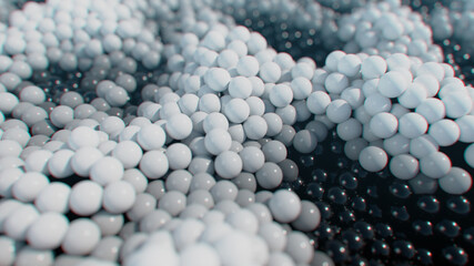 Dynamic black and white balls on a moving wave surface. 3d illustration