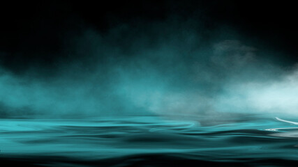 Dramatic dark background. Reflection of light on the water. Smoke fog. 3d illustration