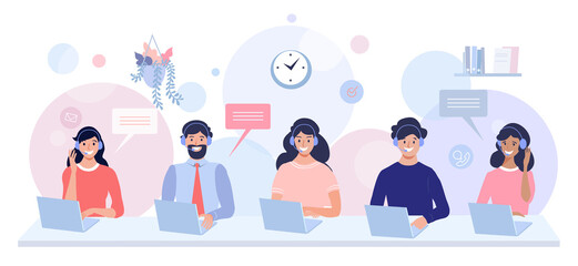 Call center and Support service and concept illustration. Office workers using headphones for talking with customers. Perfect for web design, banner, mobile app, landing page, vector flat design