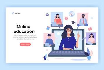 Online education concept illustration. Smiling people using  headphones  for a video call. Perfect for web design, banner, mobile app, landing page, vector flat design.