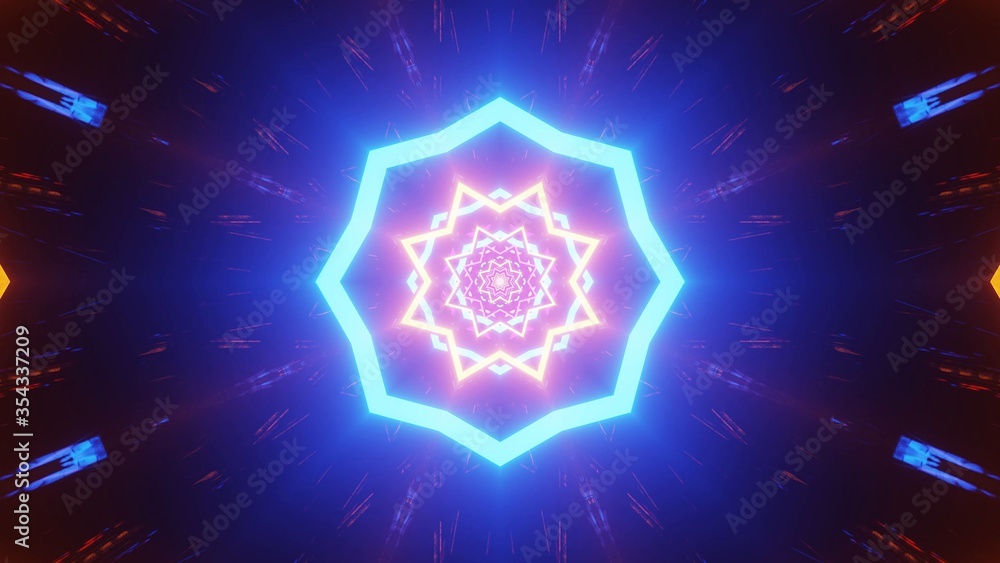 Poster graphic illustration of 3d rendered futuristic blue and yellow geometric objects and patterns