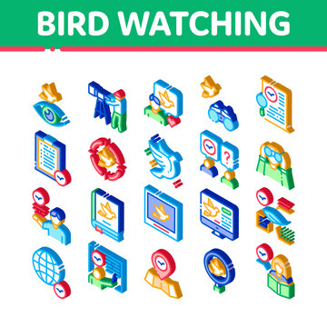 Bird Watching Tourism Icons Set Vector. Isometric Bird Watching Photo Camera And Binocular Equipment, Traveler Tourist, Map And Book Illustrations