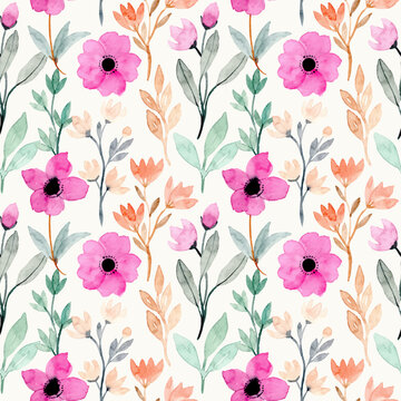 pink flower watercolor with green leaves seamless pattern