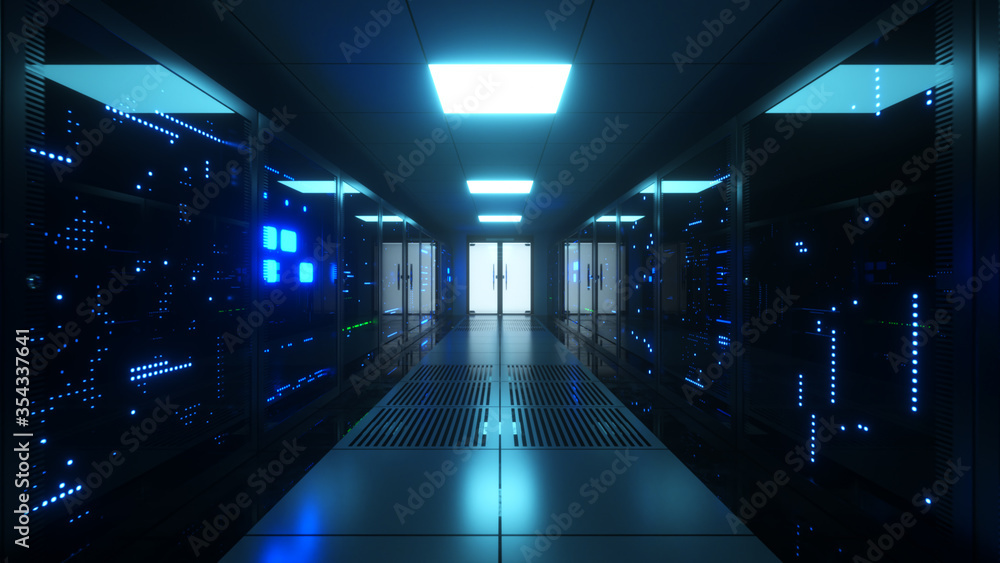 Poster big data servers. data solutions. server room with working flickering panels behind the glass. data 