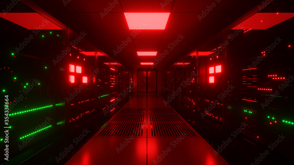 Poster the camera moves along the corridor in the data center with the server equipment red light turns on.